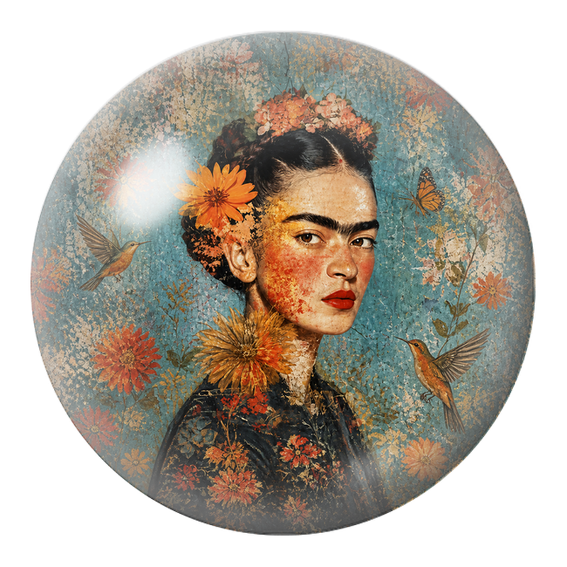 Cabochon en Verre Illustré Frida de Profil aux Colibris et au Papillon 12 à 25mm