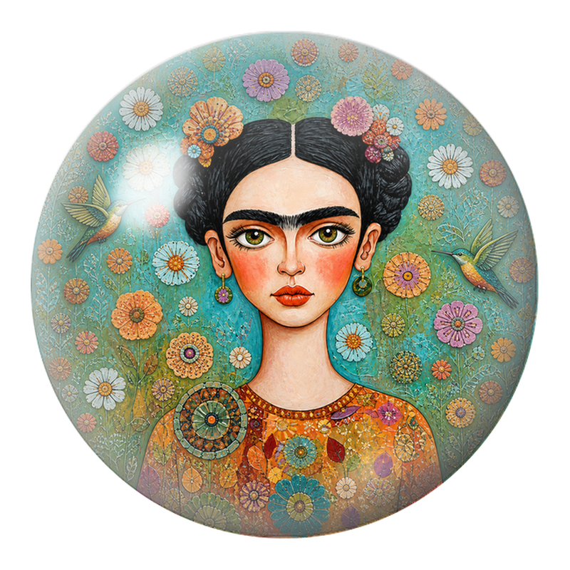 Cabochon en Verre Illustré Frida aux Colibris dans les Fleurs Géométriques 12 à 25mm