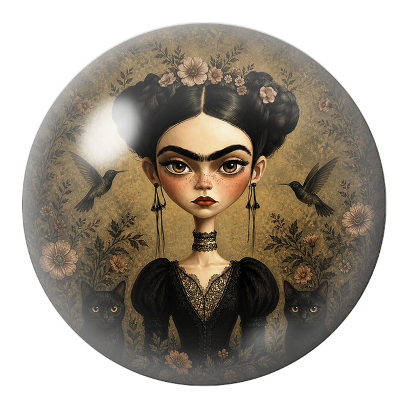 Cabochon en Verre Illustré Frida Gothique aux Chats et aux Colibris 12 à 25mm