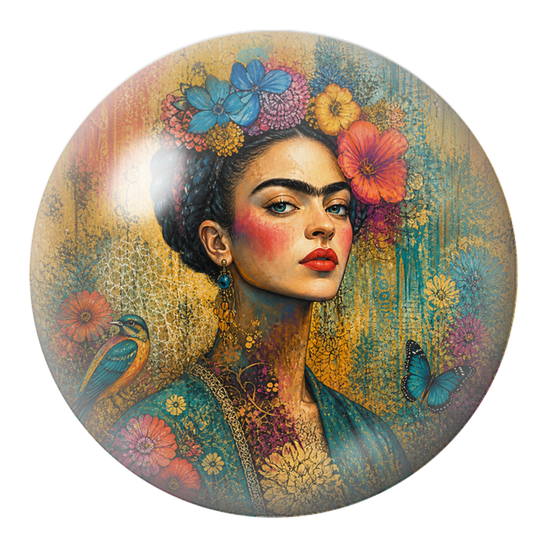 Cabochon en Verre Illustré Frida de Profil au Colibri et au Papillon 12 à 25mm