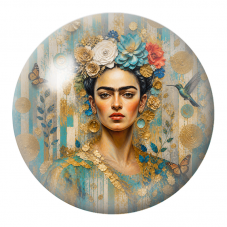 Cabochon en Verre Illustré Frida aux Fleurs Turquoise et Dorées 12 à 25mm pour la Création de Bijoux Fantaisie - DIY
