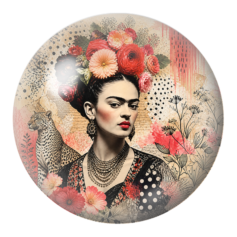 Cabochon en Verre Illustré Frida au Jaguar dans un Collage Fleuri 12 à 25mm