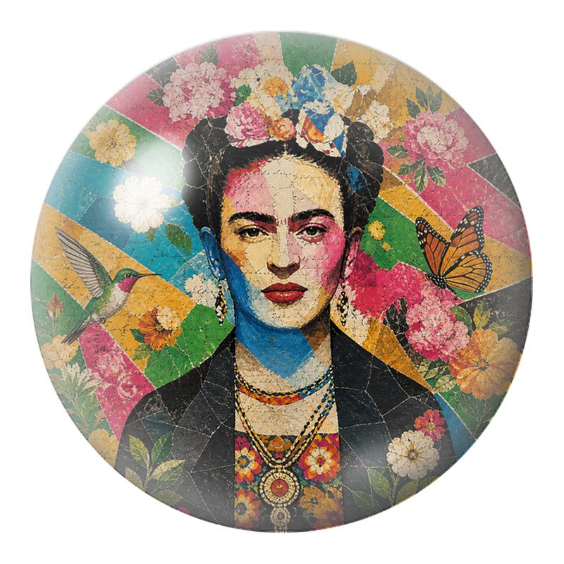 Cabochon en Verre Illustré Frida au Colibri et au Papillon en Collage 12 à 25mm