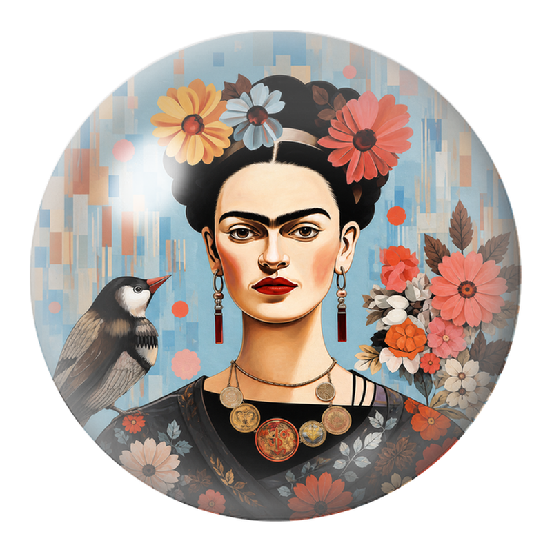 Cabochon en Verre Illustré Frida aux Fleurs et à l’Oiseau Noir 12 à 25mm
