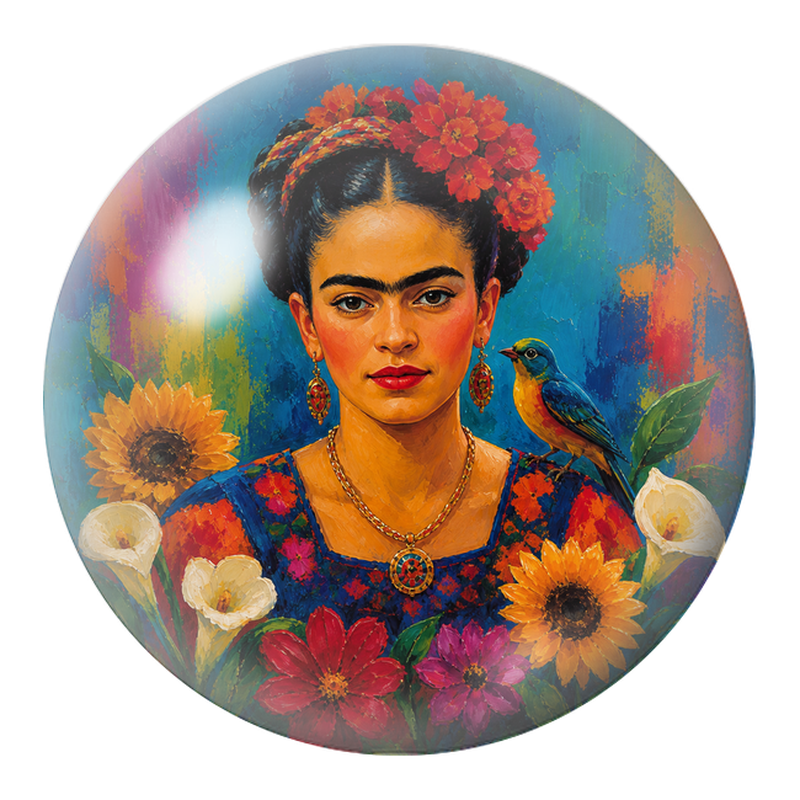 Cabochon en Verre Illustré Frida à l’Oiseau dans les Tournesols 12 à 25mm