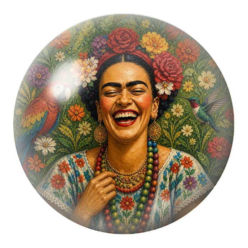 Cabochon en Verre Illustré Frida Rieuse au Perroquet et au Colibri 12 à 25mm