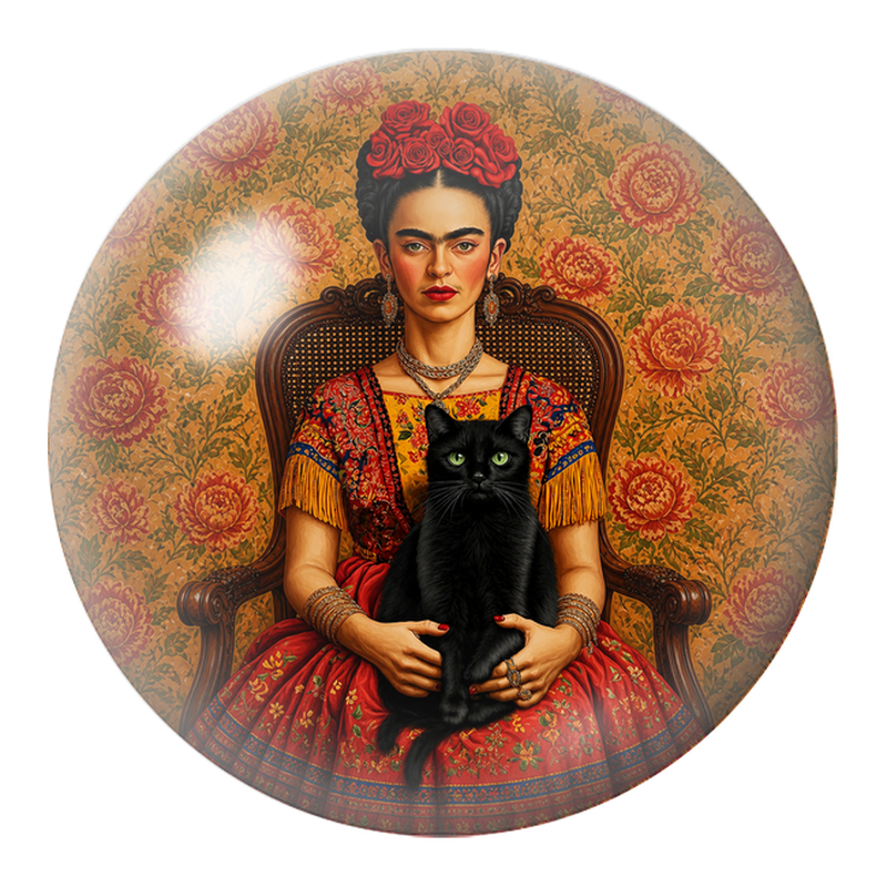 Cabochon en Verre Illustré Frida au Chat Noir dans les Pivoines 12 à 25mm