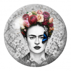 Cabochon en Verre Illustré Frida au Papillon Bleu dans les Fleurs Blanches 12 à 25mm pour la Création de Bijoux Fantaisie - DIY