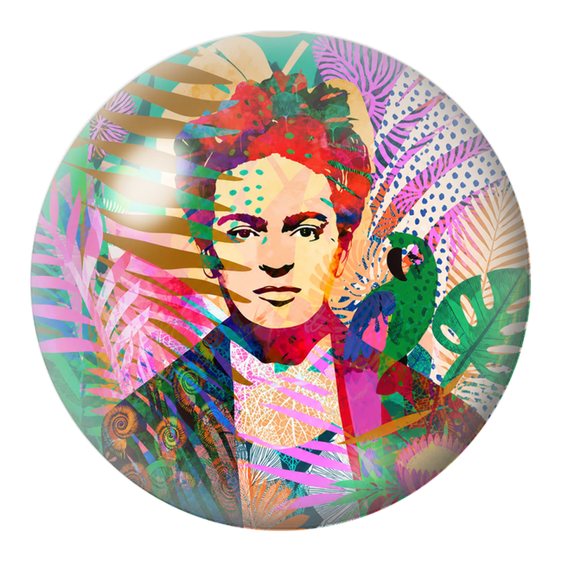 Cabochon en Verre Illustré Frida au Perroquet dans un Collage Tropical 12 à 25mm