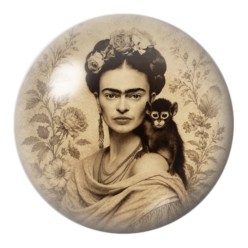 Cabochon en Verre Illustré Frida au Singe en Portrait Sépia 12 à 25mm