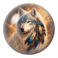 Cabochon en Verre Illustré Loup Blanc aux Plumes Turquoise et Or 12 à 25mm pour la Création de Bijoux Fantaisie - DIY