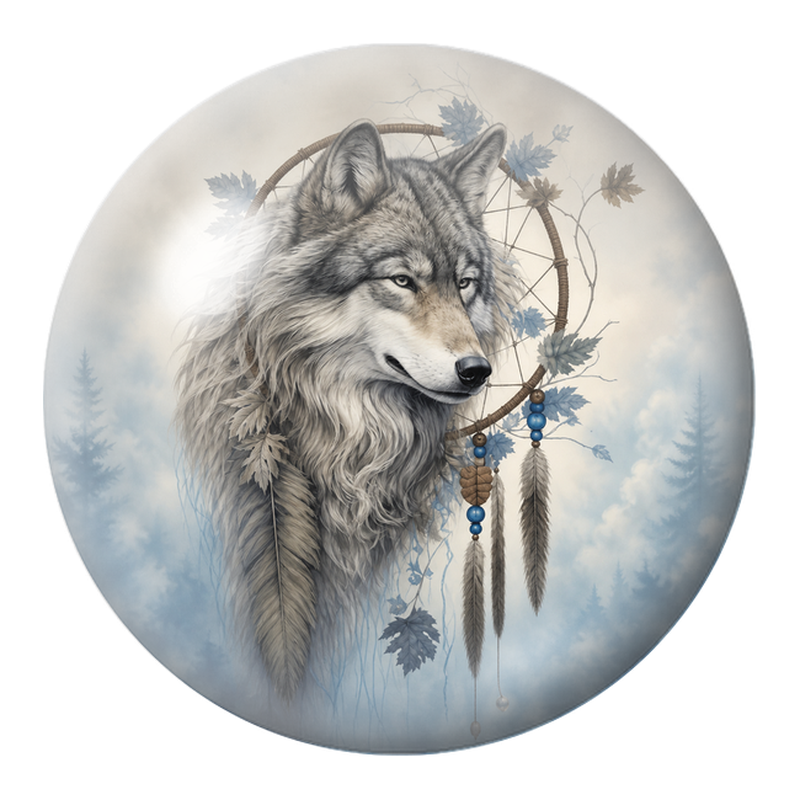 Cabochon en Verre Illustré Loup à l’Attrape-Rêves dans la Brume 12 à 25mm