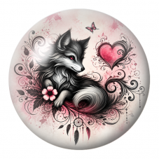 Cabochon en Verre Illustré Loup Noir au Cœur Rose 12 à 25mm pour la Création de Bijoux Fantaisie - DIY