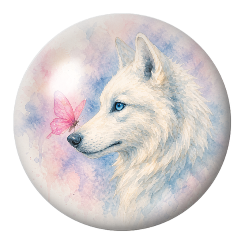Cabochon en Verre Illustré Loup Blanc au Papillon Rose 12 à 25mm