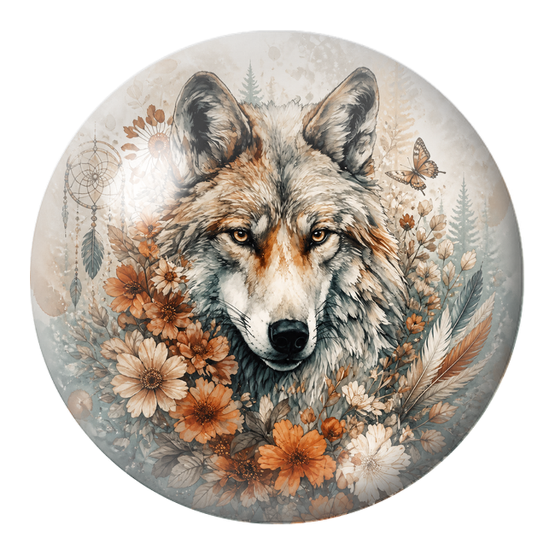 Cabochon en Verre Illustré Loup aux Fleurs d’Automne 12 à 25mm