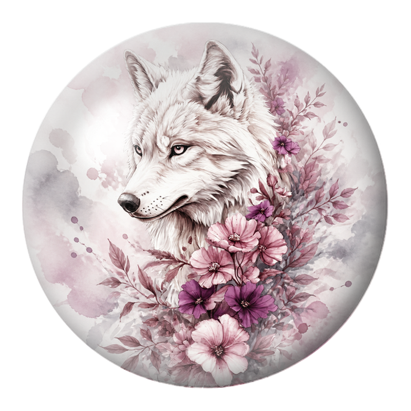 Cabochon en Verre Illustré Loup Blanc aux Fleurs Mauves 12 à 25mm