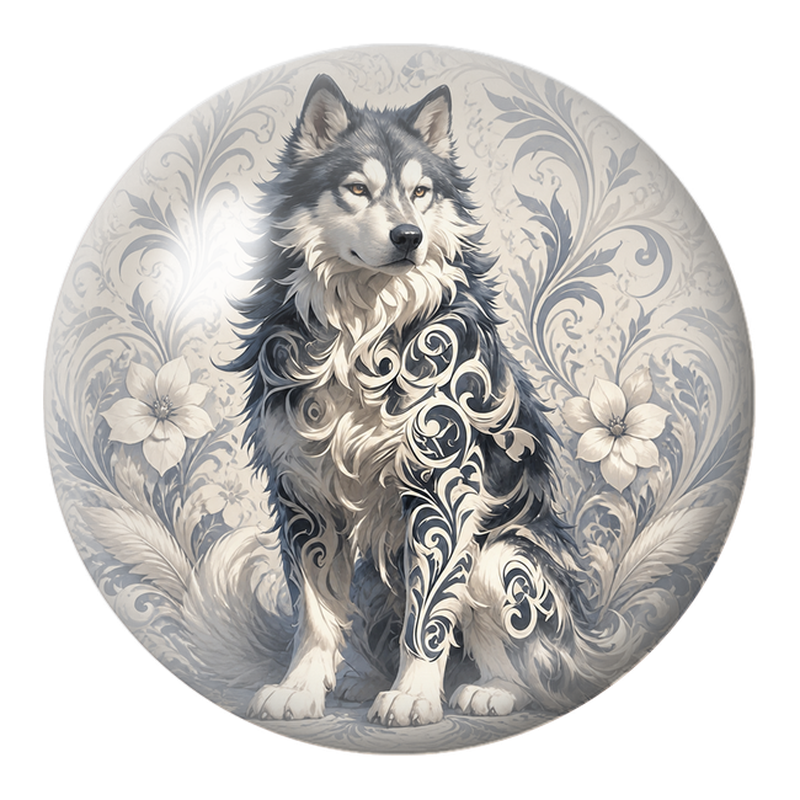 Cabochon en Verre Illustré Loup aux Arabesques Bleues 12 à 25mm