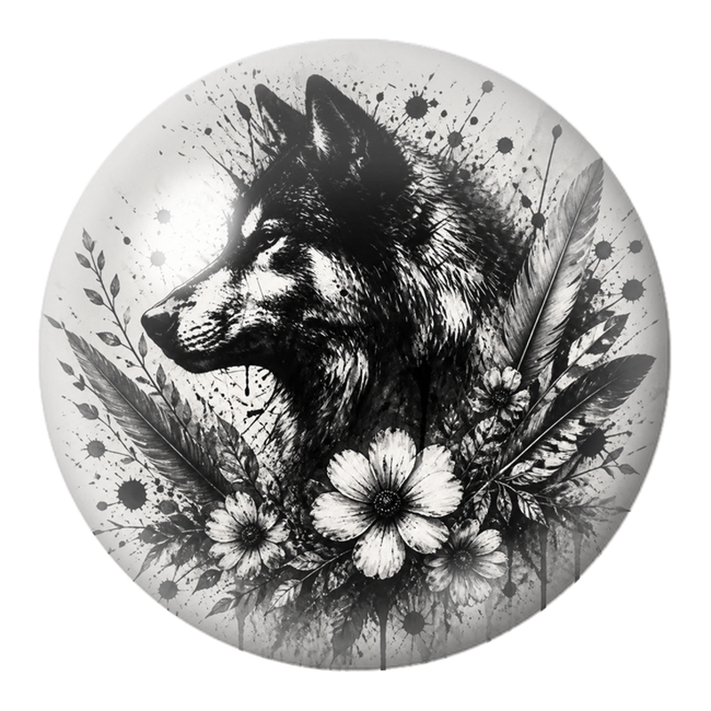 Cabochon en Verre Illustré Loup à l’Encre Noire et aux Plumes 12 à 25mm