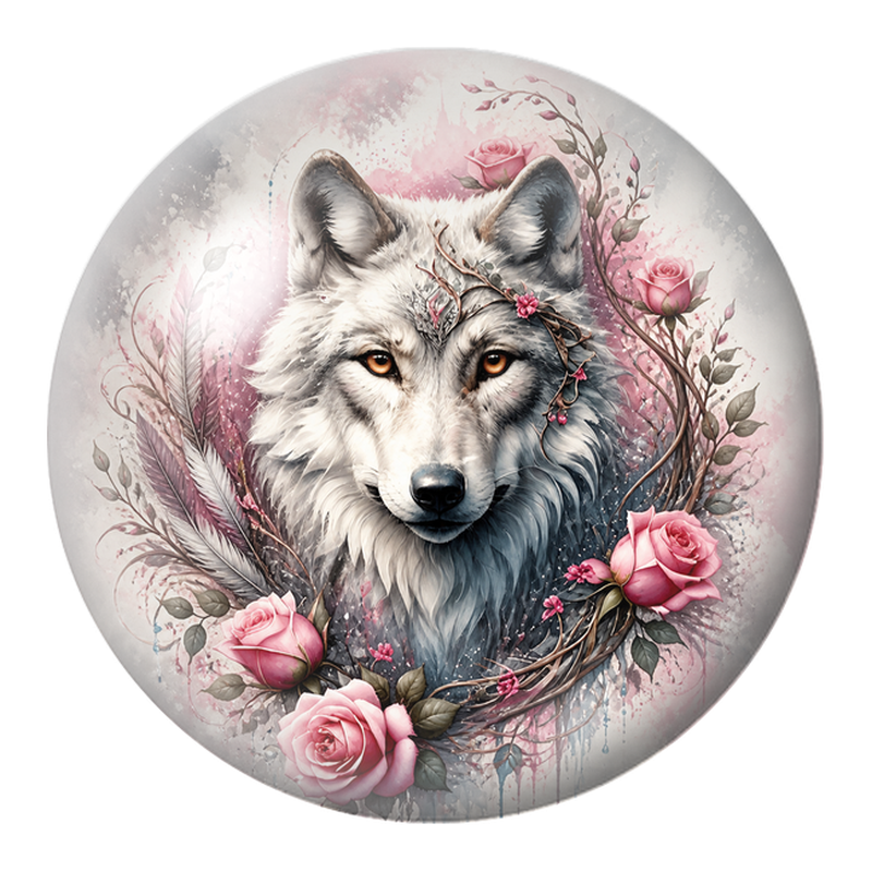 Cabochon en Verre Illustré Loup aux Roses et aux Plumes Roses 12 à 25mm