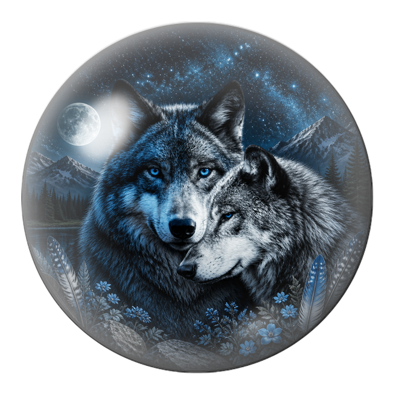 Cabochon en Verre Illustré Couple de Loups sous la Pleine Lune 12 à 25mm