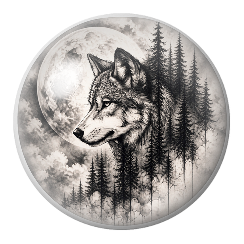 Cabochon en Verre Illustré Loup et Forêt sous la Pleine Lune 12 à 25mm