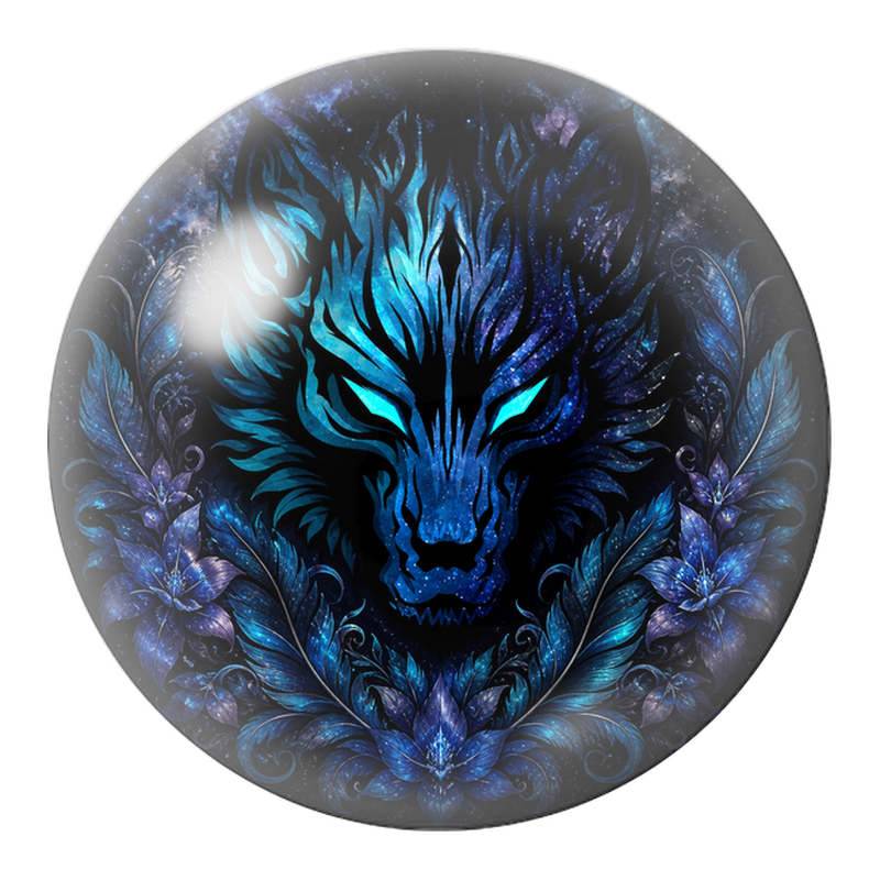 Cabochon en Verre Illustré Loup Cosmique aux Fleurs Bleues 12 à 25mm