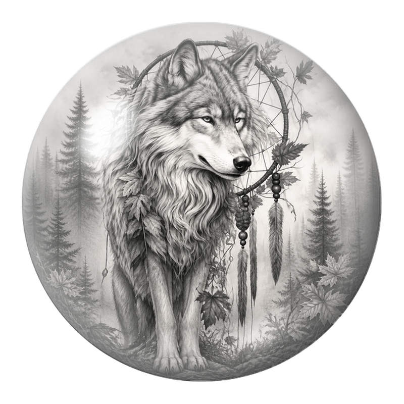 Cabochon en Verre Illustré Loup à l’Attrape-Rêves dans la Forêt 12 à 25mm
