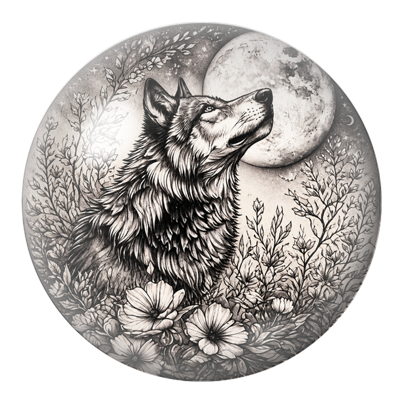 Cabochon en Verre Illustré Loup Hurlant dans le Jardin Lunaire 12 à 25mm