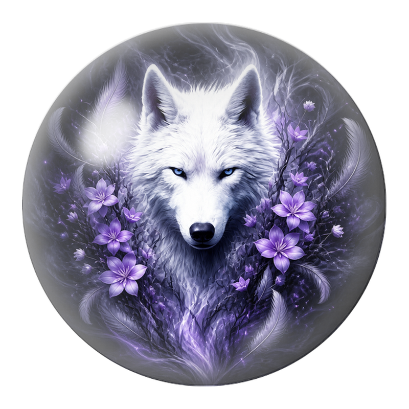 Cabochon en Verre Illustré Loup Blanc aux Fleurs Violettes 12 à 25mm