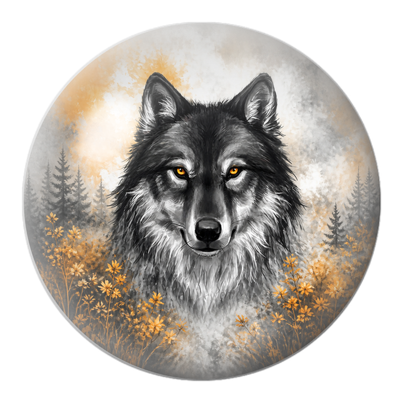 Cabochon en Verre Illustré Loup aux Yeux d’Or dans la Forêt 12 à 25mm
