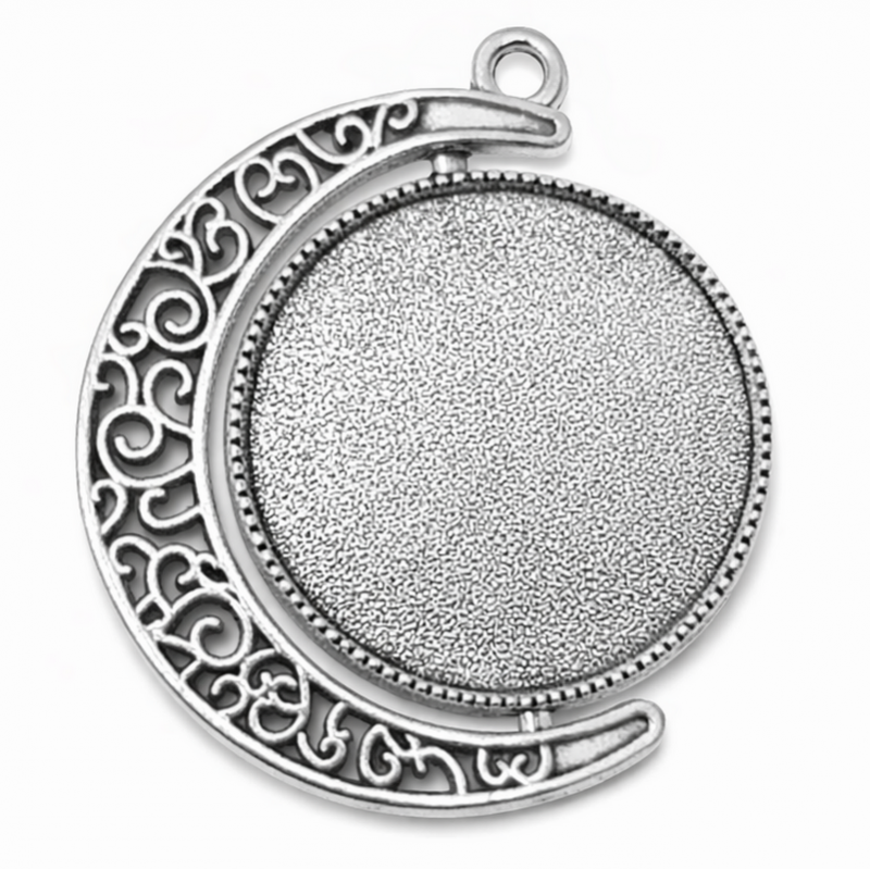 Support Pendentif Lune Rotatif Mobile Double Face Argenté pour Cabochon 20mm