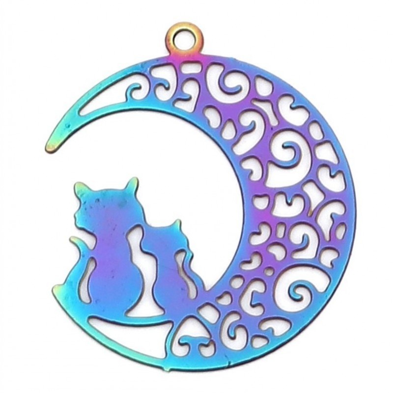Breloque Chats Lune Filigrane Ajouré en Acier Inoxydable Coloré 22x20mm
