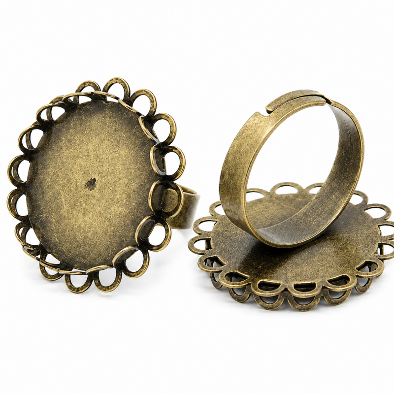 10 Supports Bagues Ajustables Bronze Festonnés pour Cabochon 20mm