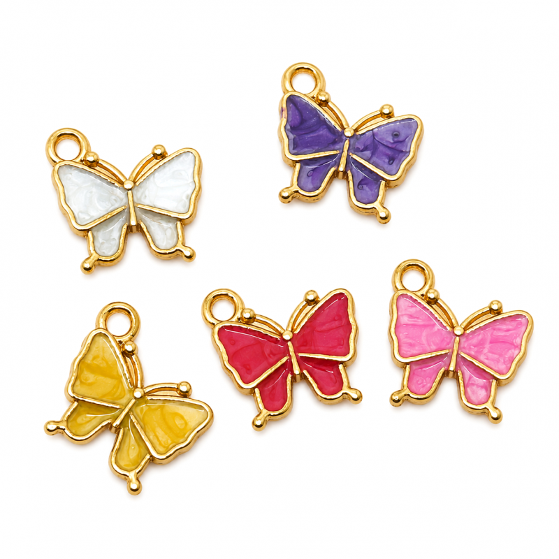 4 Breloques Papillon en Émail Métal Doré 13x12mm