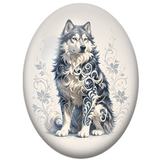 Cabochon en Verre Illustré Loup aux Arabesques Bleues pour la Création de Bijoux Fantaisie - DIY