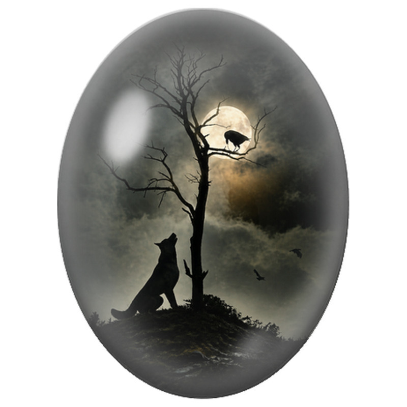 Cabochon en Verre Illustré Loup Hurlant sous l’Arbre aux Corbeaux pour la Création de Bijoux Fantaisie - DIY