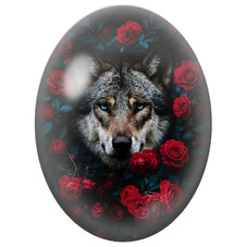 Cabochon en Verre Illustré Loup aux Yeux Bleus et aux Roses Rouges pour la Création de Bijoux Fantaisie - DIY