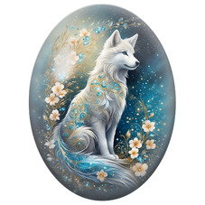 Cabochon en Verre Illustré Loup Blanc aux Fleurs et Joyaux Bleus pour la Création de Bijoux Fantaisie - DIY