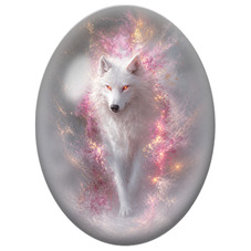 Cabochon en Verre Illustré Loup Blanc dans une Aura Rose et Or pour la Création de Bijoux Fantaisie - DIY