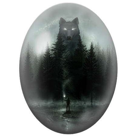 Cabochon en Verre Illustré Esprit du Loup dans la Forêt 13x18, 18x25 ou 30x40mm