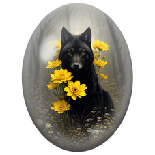 Cabochon en Verre Illustré Loup Noir aux Fleurs Jaunes pour la Création de Bijoux Fantaisie - DIY