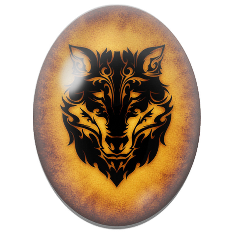 Cabochon en Verre Illustré Loup Tribal Noir et Or pour la Création de Bijoux Fantaisie - DIY