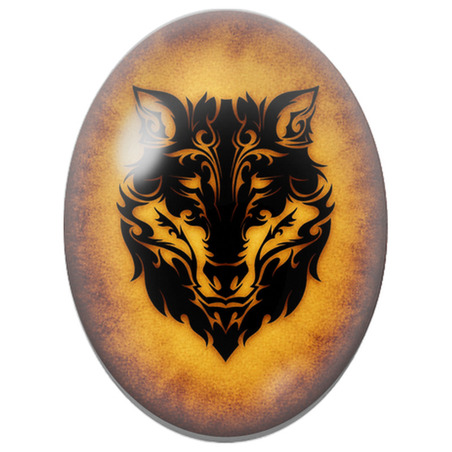 Cabochon en Verre Illustré Loup Tribal Noir et Or 13x18, 18x25 ou 30x40mm
