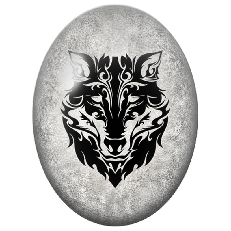 Cabochon en Verre Illustré Loup Tribal Noir et Argent pour la Création de Bijoux Fantaisie - DIY