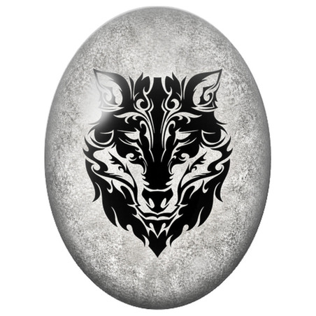 Cabochon en Verre Illustré Loup Tribal Noir et Argent 13x18, 18x25 ou 30x40mm