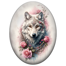 Cabochon en Verre Illustré Loup Blanc aux Roses Roses pour la Création de Bijoux Fantaisie - DIY