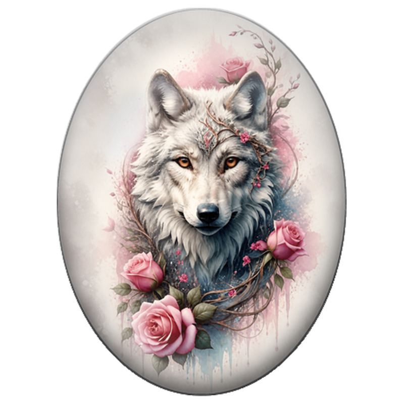 Cabochon en Verre Illustré Loup Blanc aux Roses Roses pour la Création de Bijoux Fantaisie - DIY
