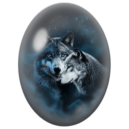 Cabochon en Verre Illustré Couple de Loups sous les Étoiles 13x18, 18x25 ou 30x40mm