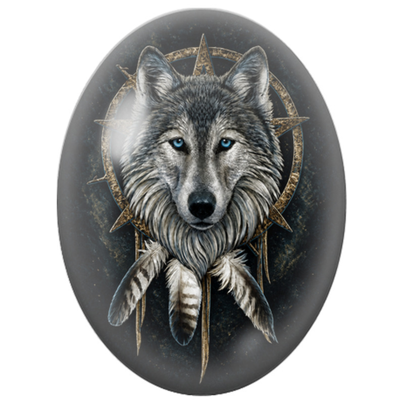 Cabochon en Verre Illustré Loup à l’Attrape-Rêves Doré pour la Création de Bijoux Fantaisie - DIY