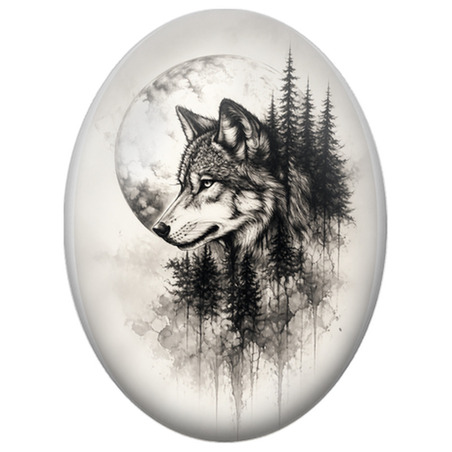 Cabochon en Verre Illustré Loup et Forêt sous la Pleine Lune 13x18, 18x25 ou 30x40mm